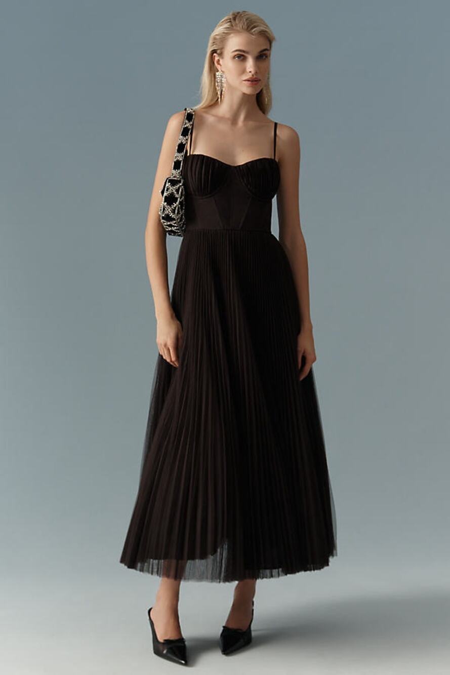 HUTCH Amara Corset Pleated Tulle Fit and Flare Dress, Brown, EUC, Size 8